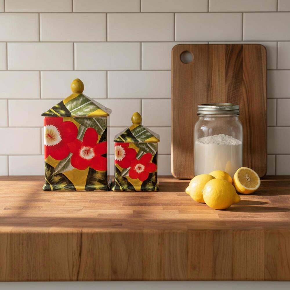 Set of 2 Large Ceramic Canisters 12" & 8" Floral Kitchen Jars Lid Tropical Decor